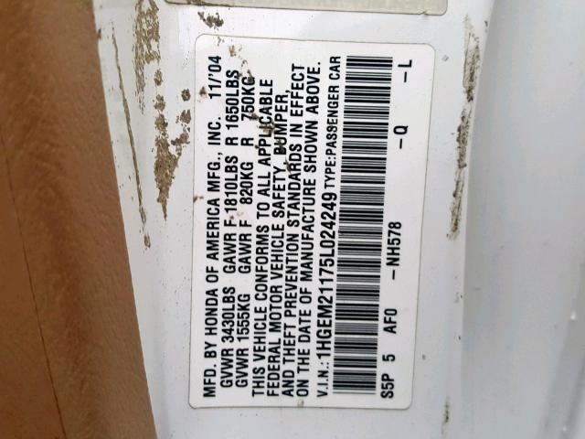 1HGEM21175L024249 - 2005 HONDA CIVIC DX V WHITE photo 10