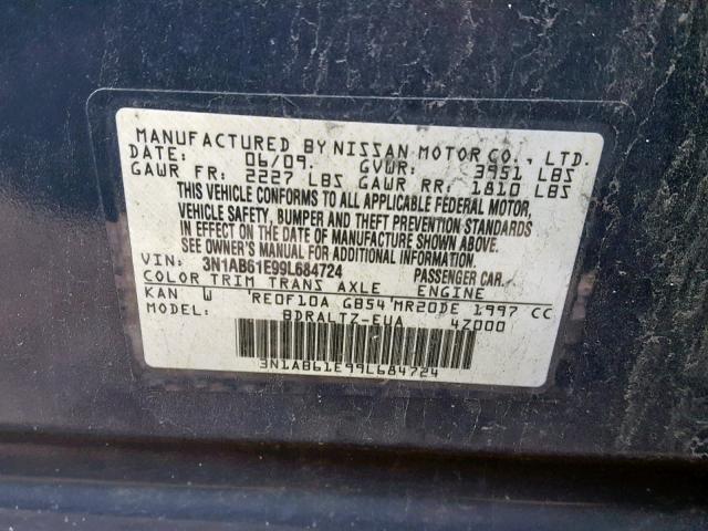 3N1AB61E99L684724 - 2009 NISSAN SENTRA 2.0 BLUE photo 10