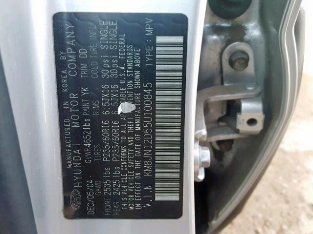 KM8JN12D55U100845 - 2005 HYUNDAI TUCSON GLS SILVER photo 10