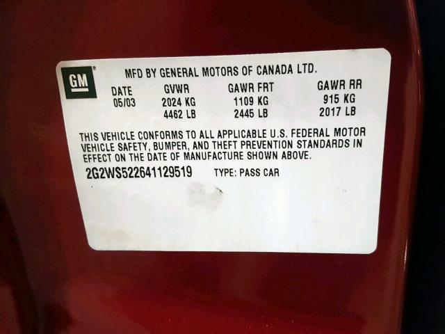 2G2WS522641129519 - 2004 PONTIAC GRAND PRIX BURGUNDY photo 10