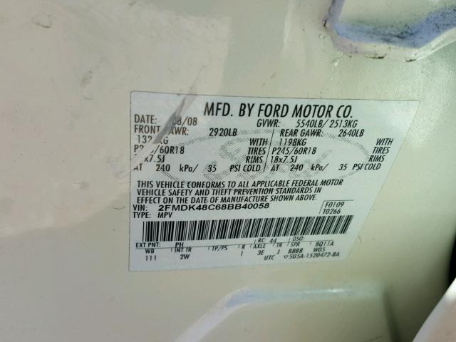 2FMDK48C68BB40058 - 2008 FORD EDGE SEL WHITE photo 10