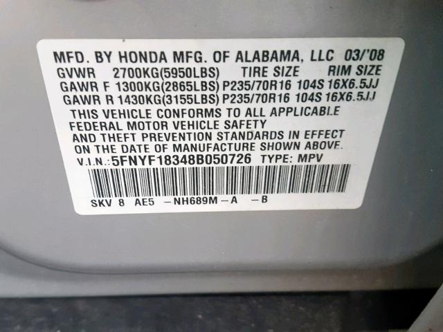 5FNYF18348B050726 - 2008 HONDA PILOT SE SILVER photo 10