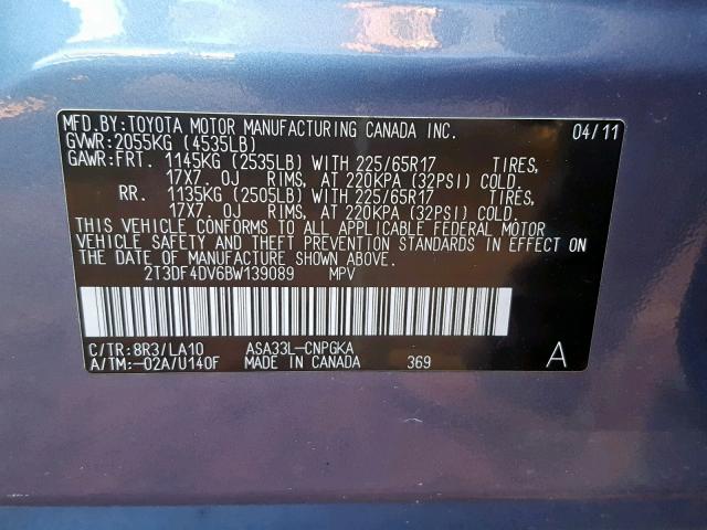 2T3DF4DV6BW139089 - 2011 TOYOTA RAV4 LIMIT BLUE photo 10