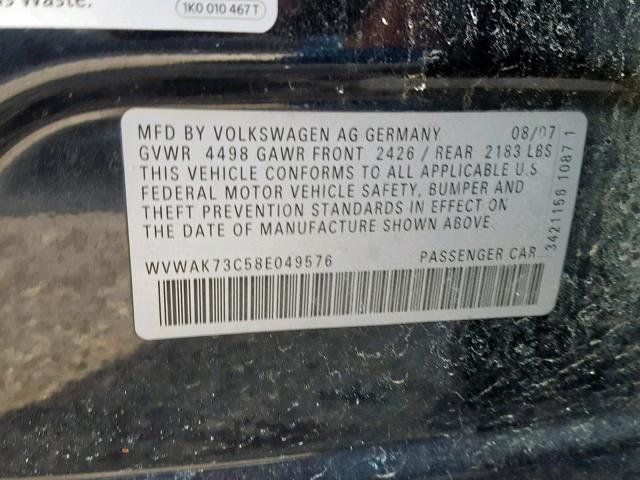 WVWAK73C58E049576 - 2008 VOLKSWAGEN PASSAT KOM BLUE photo 10