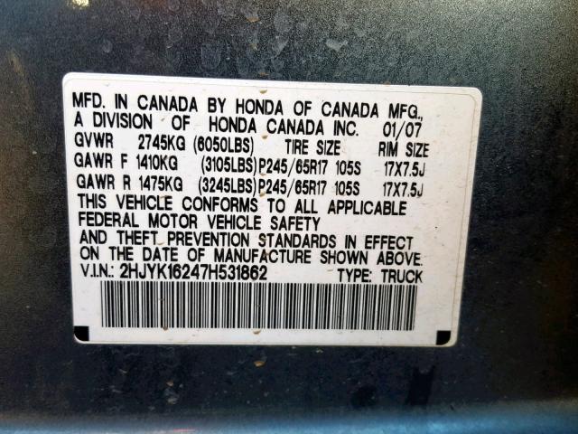 2HJYK16247H531862 - 2007 HONDA RIDGELINE BLUE photo 10