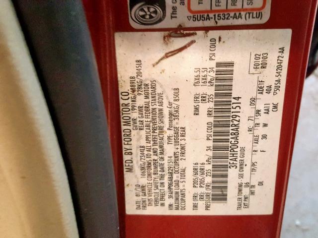 3FAHP0GA8AR291514 - 2010 FORD FUSION S RED photo 10