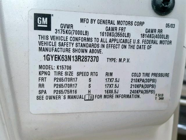 1GYEK63N13R287370 - 2003 CADILLAC ESCALADE L WHITE photo 10