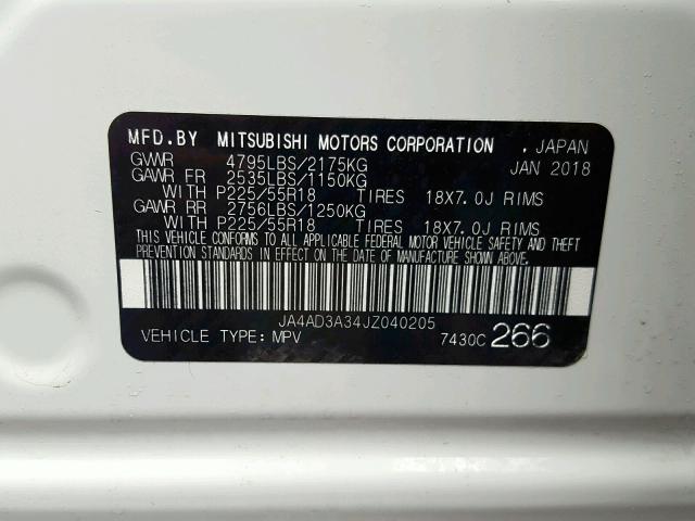 JA4AD3A34JZ040205 - 2018 MITSUBISHI OUTLANDER WHITE photo 10