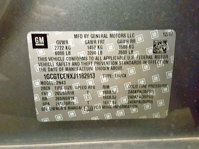 1GCGTCENXJ1182913 - 2018 CHEVROLET COLORADO L SILVER photo 10