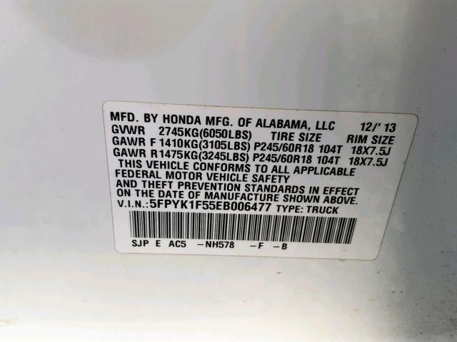 5FPYK1F55EB006477 - 2014 HONDA RIDGELINE WHITE photo 10