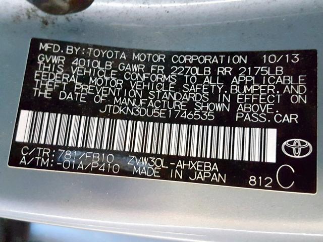 JTDKN3DU5E1746535 - 2014 TOYOTA PRIUS BLUE photo 10