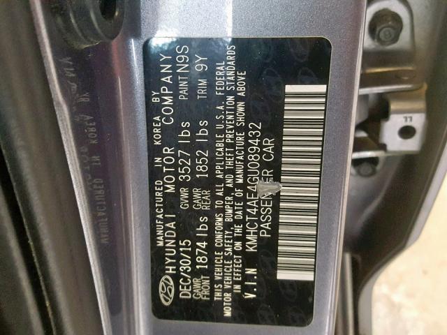 KMHCT4AE4GU089432 - 2016 HYUNDAI ACCENT SE GRAY photo 10