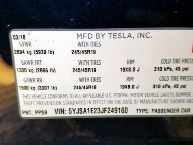 5YJSA1E23JF249160 - 2018 TESLA MODEL S BLUE photo 10