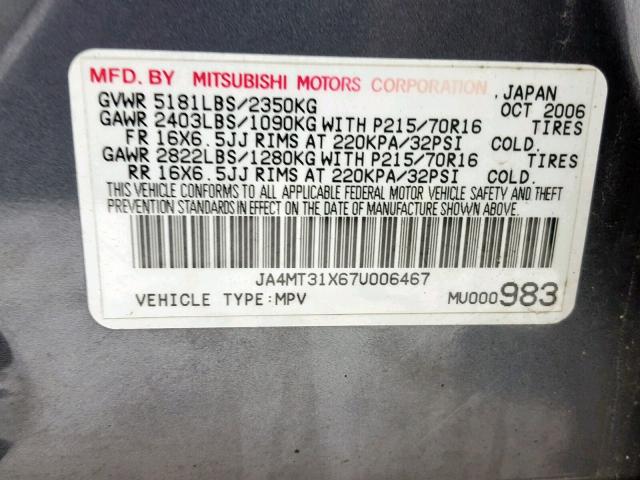 JA4MT31X67U006467 - 2007 MITSUBISHI OUTLANDER GRAY photo 10