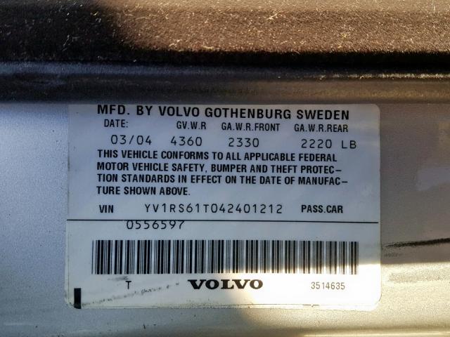 YV1RS61T042401212 - 2004 VOLVO S60 SILVER photo 10