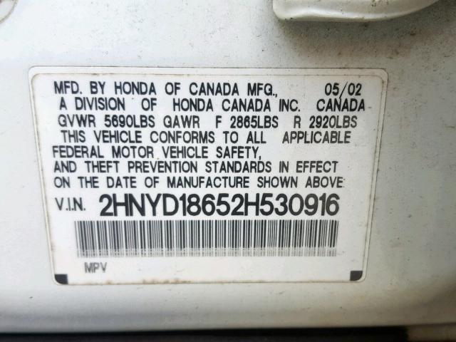 2HNYD18652H530916 - 2002 ACURA MDX TOURIN WHITE photo 10