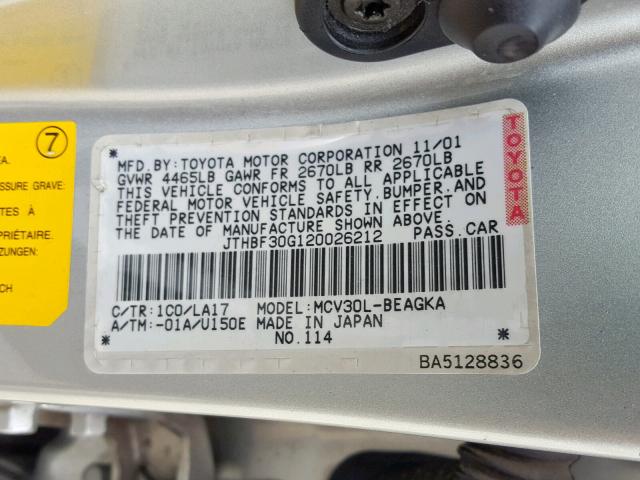 JTHBF30G120026212 - 2002 LEXUS ES 300 SILVER photo 10