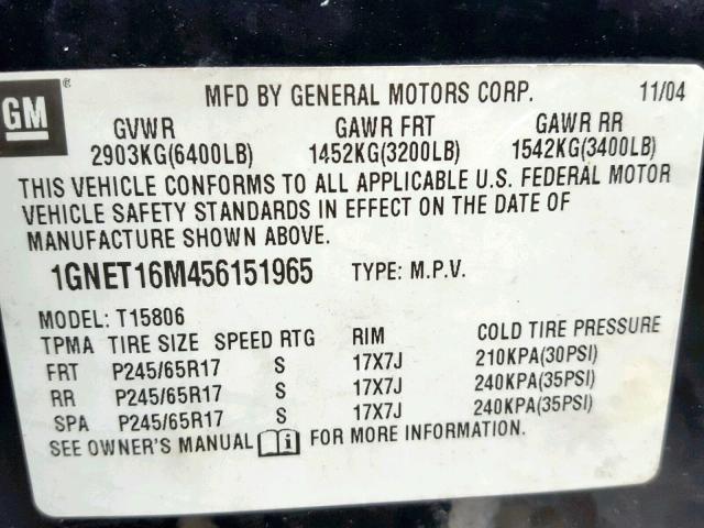 1GNET16M456151965 - 2005 CHEVROLET TRAILBLAZE BLACK photo 10