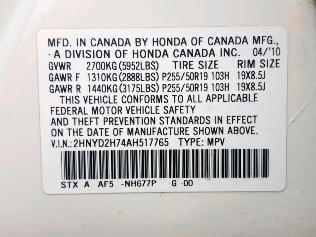 2HNYD2H74AH517765 - 2010 ACURA MDX ADVANC WHITE photo 10