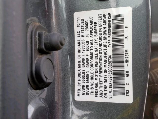 19XFB2F52CE020734 - 2012 HONDA CIVIC LX SILVER photo 10