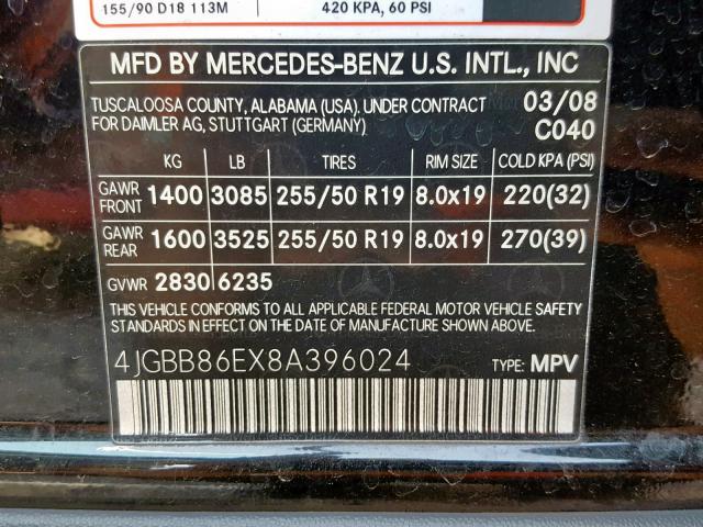 4JGBB86EX8A396024 - 2008 MERCEDES-BENZ ML 350 BLACK photo 10