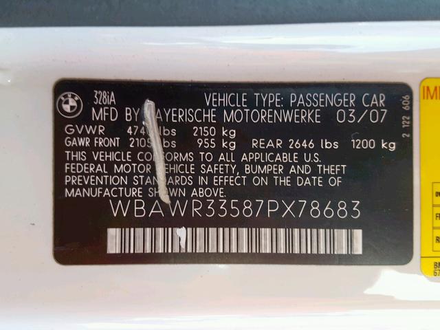 WBAWR33587PX78683 - 2007 BMW 328 I SULE WHITE photo 10