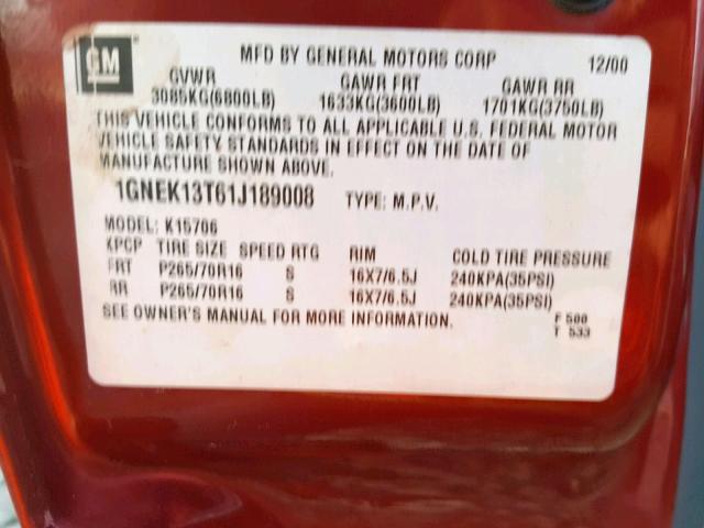 1GNEK13T61J189008 - 2001 CHEVROLET TAHOE K150 RED photo 10