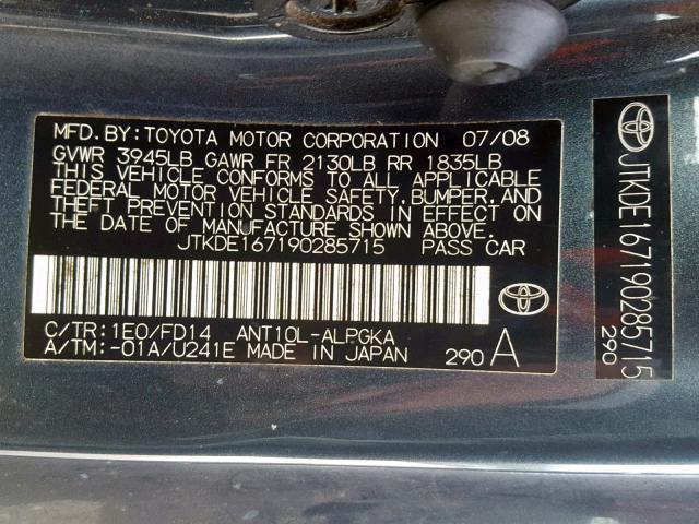 JTKDE167190285715 - 2009 SCION TC GRAY photo 10