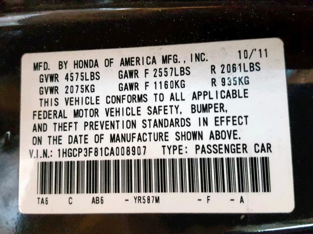 1HGCP3F81CA008907 - 2012 HONDA ACCORD EXL BROWN photo 10