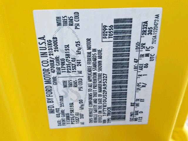 1FTYR10U52PA95327 - 2002 FORD RANGER YELLOW photo 10