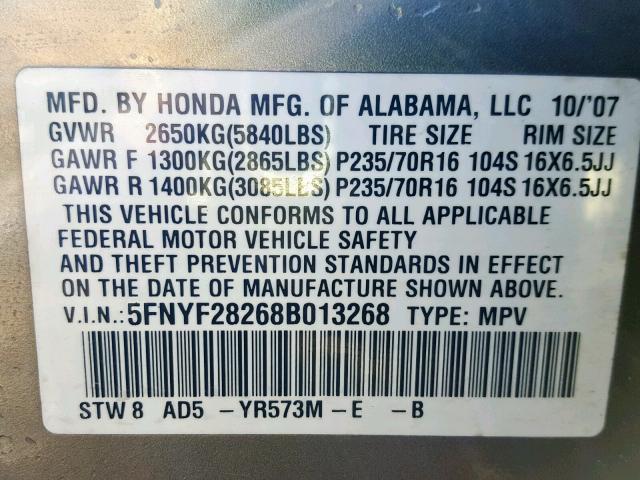 5FNYF28268B013268 - 2008 HONDA PILOT VP BROWN photo 10