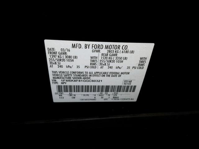 1FM5K8F81GGC60321 - 2016 FORD EXPLORER L BLACK photo 10