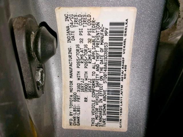 5TDBT48A61S038853 - 2001 TOYOTA SEQUOIA LI SILVER photo 10