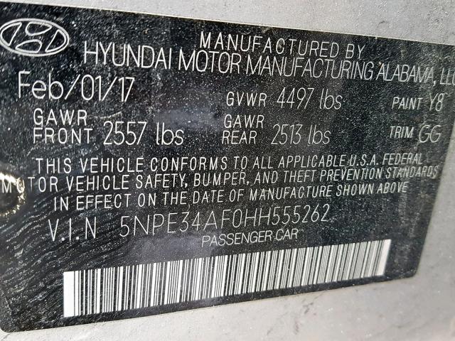 5NPE34AF0HH555262 - 2017 HYUNDAI SONATA SPO SILVER photo 10