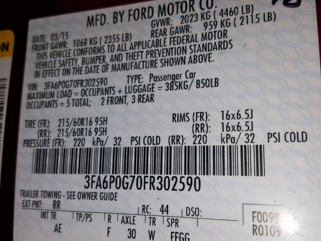 3FA6P0G70FR302590 - 2015 FORD FUSION S RED photo 10