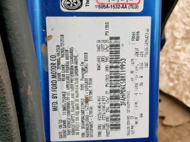 3FAHP0KC5BR119953 - 2011 FORD FUSION SPO BLUE photo 10