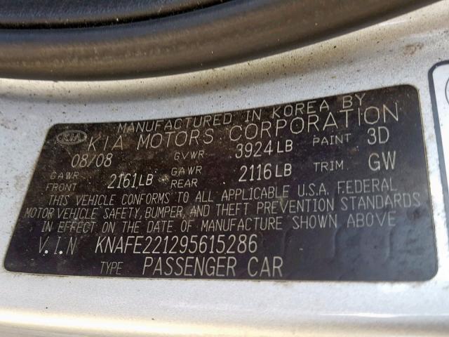 KNAFE221295615286 - 2009 KIA SPECTRA EX SILVER photo 10