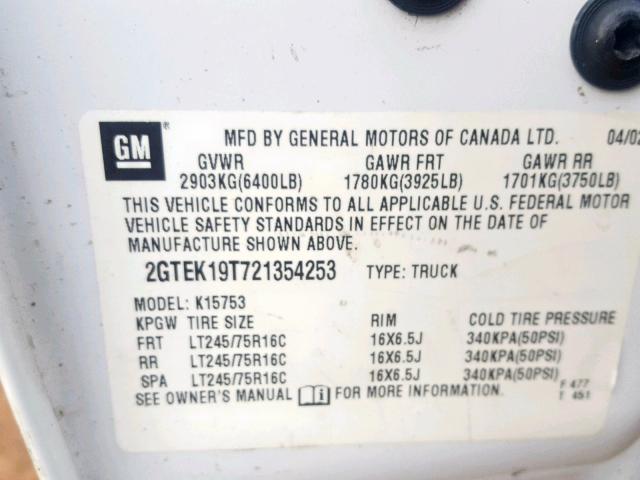 2GTEK19T721354253 - 2002 GMC NEW SIERRA WHITE photo 10