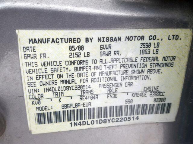 1N4DL01D8YC220514 - 2000 NISSAN ALTIMA XE GRAY photo 10