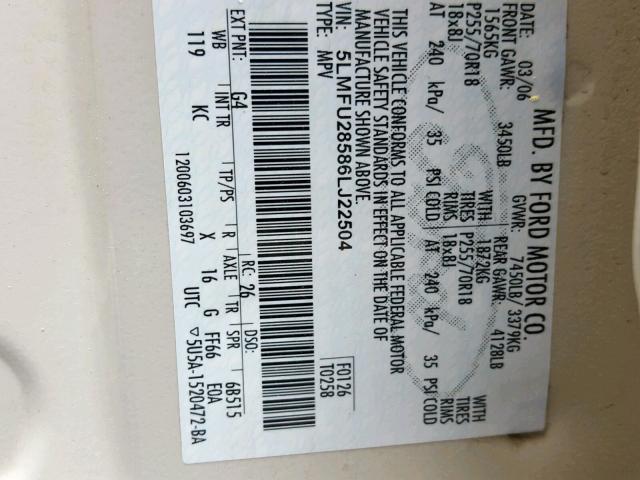 5LMFU28586LJ22504 - 2006 LINCOLN NAVIGATOR BEIGE photo 10