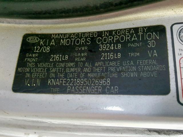 KNAFE221895026968 - 2009 KIA SPECTRA EX SILVER photo 10