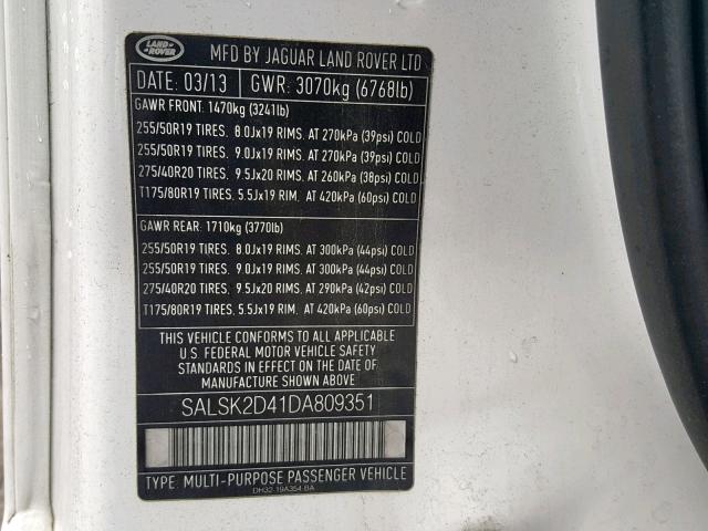 SALSK2D41DA809351 - 2013 LAND ROVER RANGE ROVE WHITE photo 10