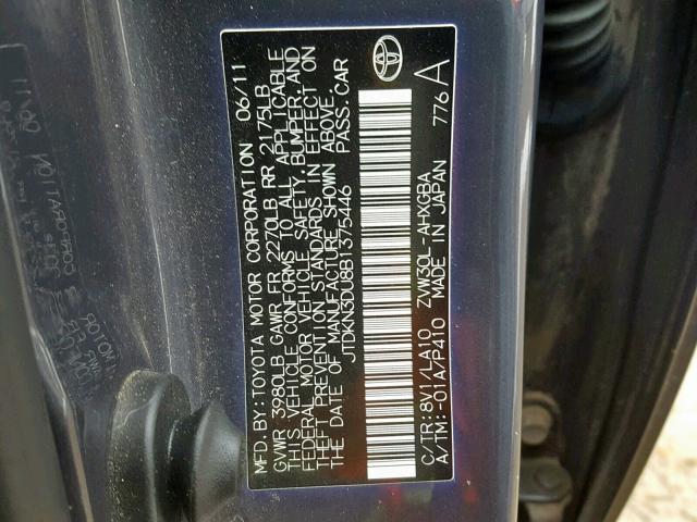 JTDKN3DU8B1375446 - 2011 TOYOTA PRIUS 灰色 照片 10