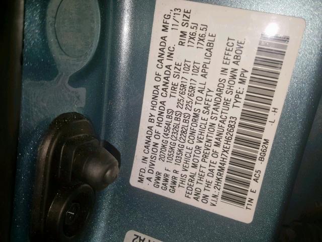 2HKRM4H7XEH626833 - 2014 HONDA CR-V EXL BLUE photo 10