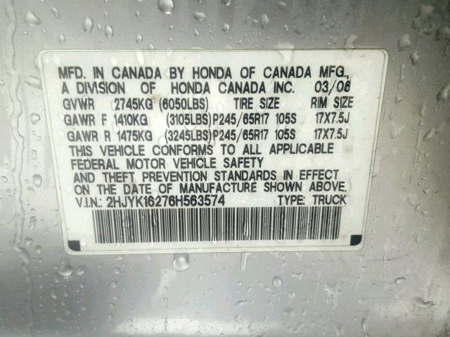 2HJYK16276H563574 - 2006 HONDA RIDGELINE SILVER photo 10