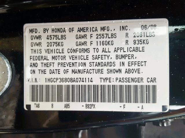 1HGCP36808A074114 - 2008 HONDA ACCORD EXL BLACK photo 10