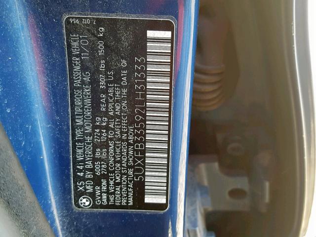 5UXFB33592LH31333 - 2002 BMW X5 4.4I BLUE photo 10