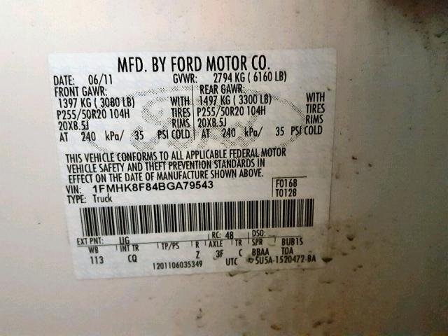 1FMHK8F84BGA79543 - 2011 FORD EXPLORER L WHITE photo 10