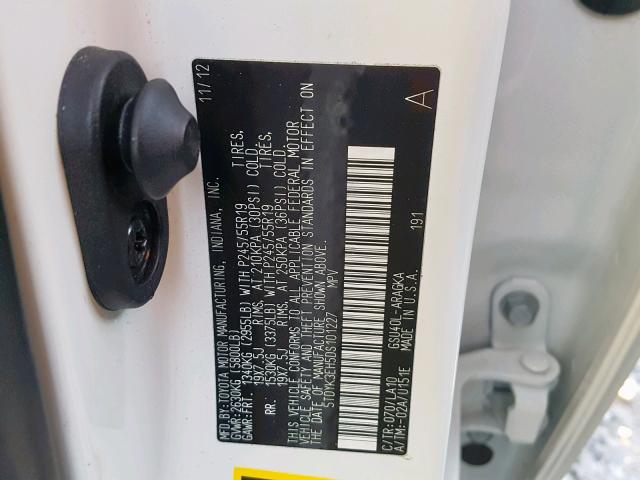 5TDYK3EH5DS101227 - 2013 TOYOTA HIGHLANDER Күміс фото 10