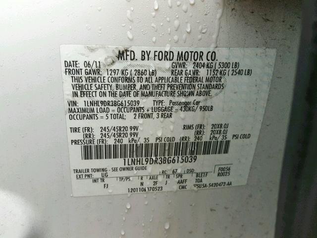 1LNHL9DR3BG615039 - 2011 LINCOLN MKS WHITE photo 10